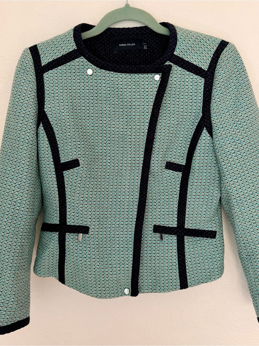 Karen Millen Mint Green Tweed Jacket with Black Trim
